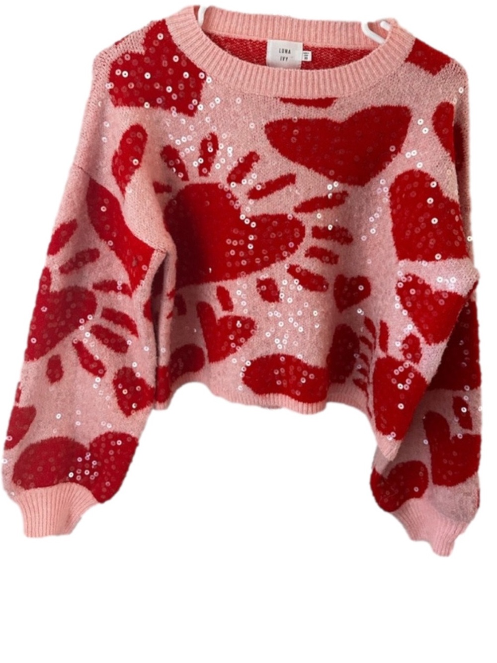 Luna Ivy Pink Red Hearts Sequin Crew Neck Sweater XS